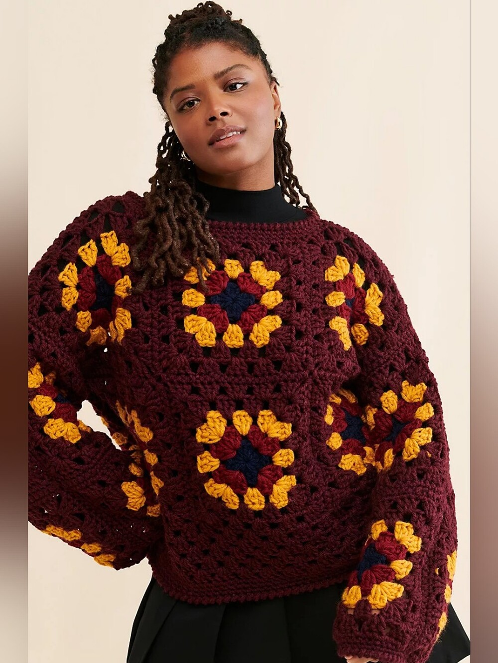 Society Mano Granny Square Crochet Pullover Sweater | Boho Chunky Knit Balloon